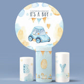 Es ist A Junge Blau Auto Runden Hintergrund Bausatz Für Baby Dusche